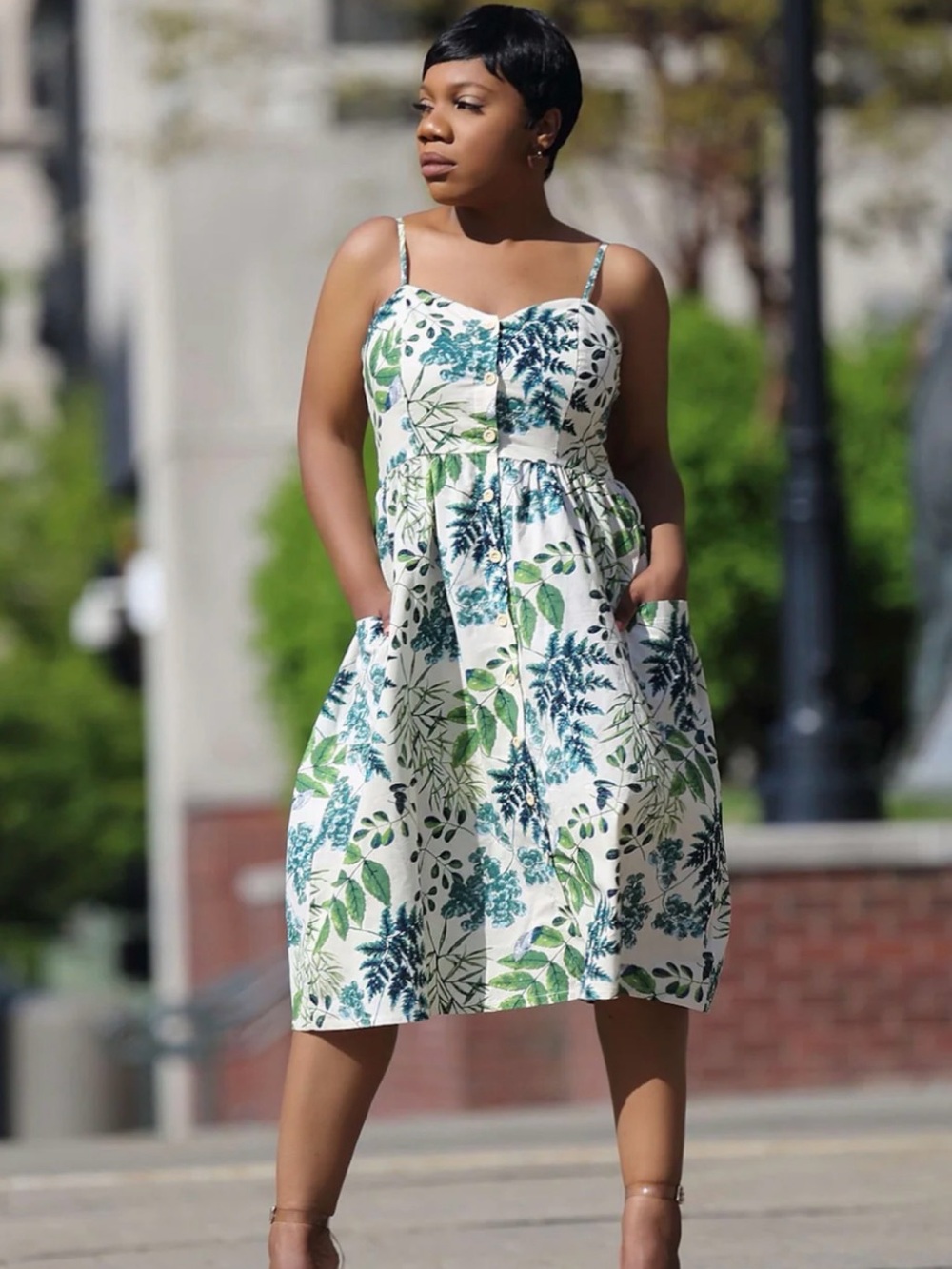 Floral Leaf-Print Sundress in Green and Blue